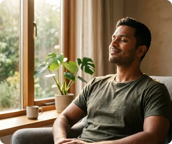 Person relaxing peacefully by a window